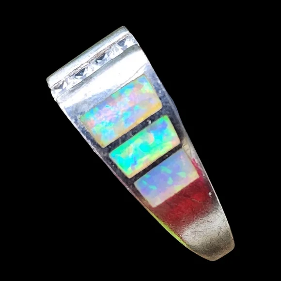 Sterling silver opal ring size 8 fine jewelry wedding band engagement Estate - Picture 3 of 5